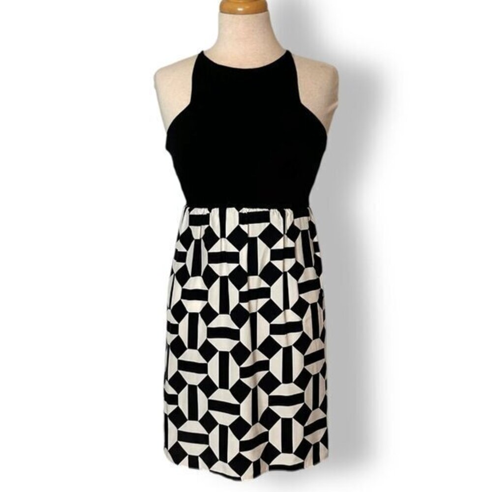 Alice & Trixie Black White Geo Silk Dress High Neck Racerback Sz S